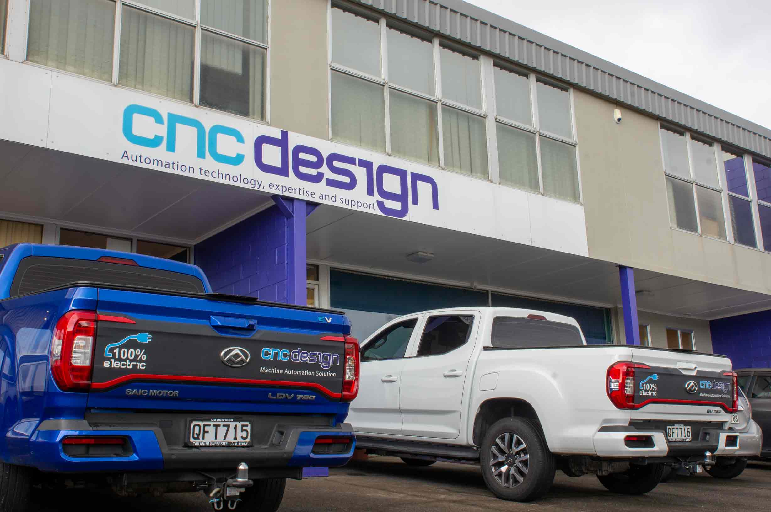 Reducing carbon footprint of operations by electrifying transport Electric LDV eT60 Utes outside of CNC Design offices